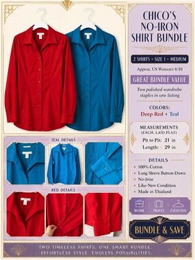 Chico’s Bundle - Red & Teal Women’s -Cotton No-Iron Button Down Shirt’s - Size M